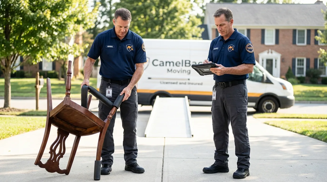 Movers inspecting furniture for damage prevention before loading in Berwick, LA