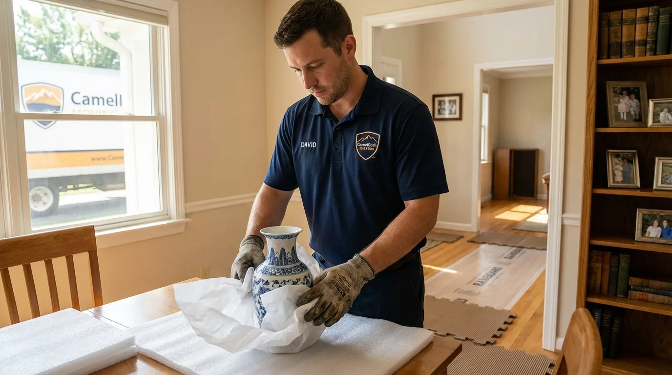 Professional crew carefully wrapping antique vase for senior downsizing move in Berwick, LA